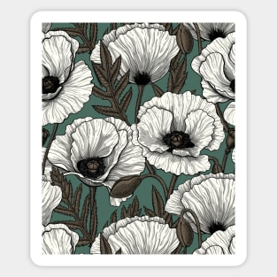 Poppy garden in white, brown and pine green Sticker